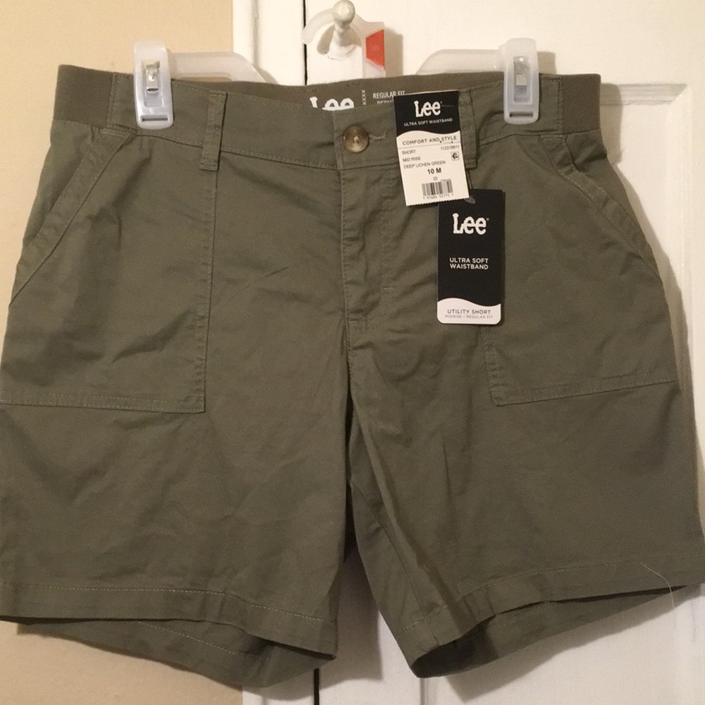 Army green mid rise shorts, size 10 regular fit